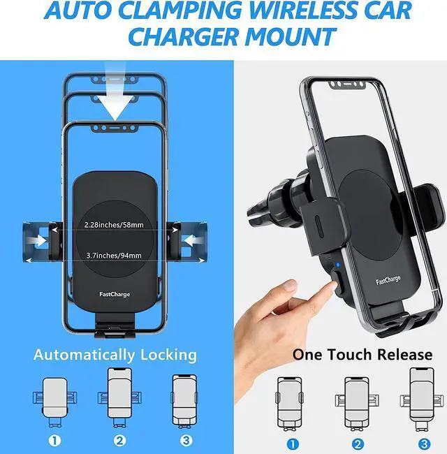 Alt view image 4 of 7 - Wireless Car Charger, Caymuller 15W Fast Charging Auto Clamping Car Charger Phone Mount Phone Holder for iPhone 14 13 12 11 Pro Max Xs, Samsung Galaxy S23 Ultra S22 S21 S20, S10+ S9+ Note 9, etc