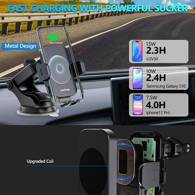 Alt view image 3 of 7 - Wireless Car Charger, Caymuller 15W Fast Charging Auto Clamping Car Charger Phone Mount Phone Holder for iPhone 14 13 12 11 Pro Max Xs, Samsung Galaxy S23 Ultra S22 S21 S20, S10+ S9+ Note 9, etc