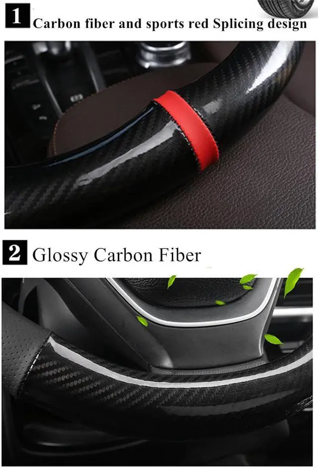 Alt view image 2 of 5 - Yingshan D-shape Racing Steering Wheel Cover 38CM Luxury Black Carbon Fiber & Red Leather