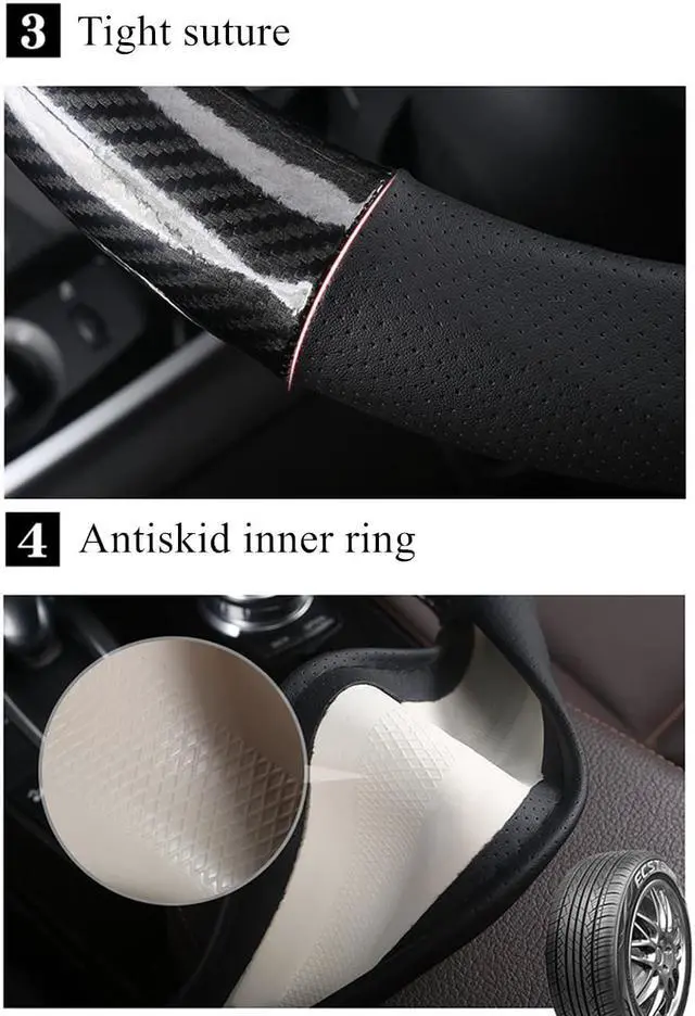 Alt view image 4 of 5 - Yingshan D-shape Racing Steering Wheel Cover 38CM Luxury Black Carbon Fiber & Red Leather