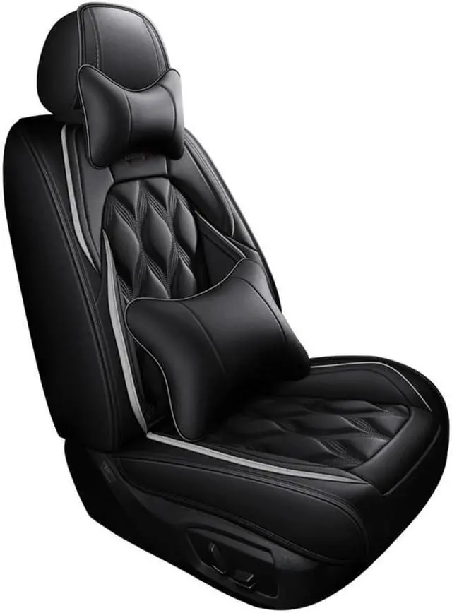 Alt view image 5 of 7 - Paiying Full Set Black PU Leather Car Seat Covers Protector  Neck Lumbar Pillow