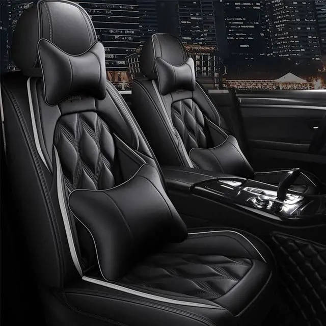 Alt view image 4 of 7 - Paiying Full Set Black PU Leather Car Seat Covers Protector  Neck Lumbar Pillow