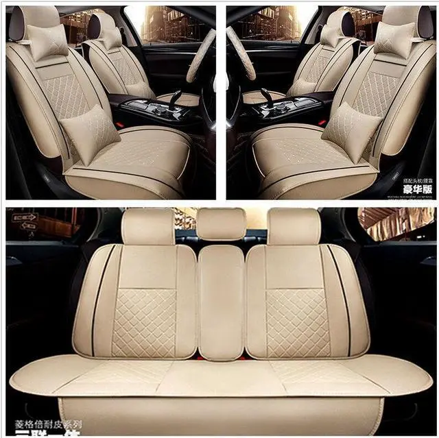 Alt view image 4 of 7 - Acaigel Beige Pu Leather Full Set Car Seat Cover Protector  w/ Pillows US Stock