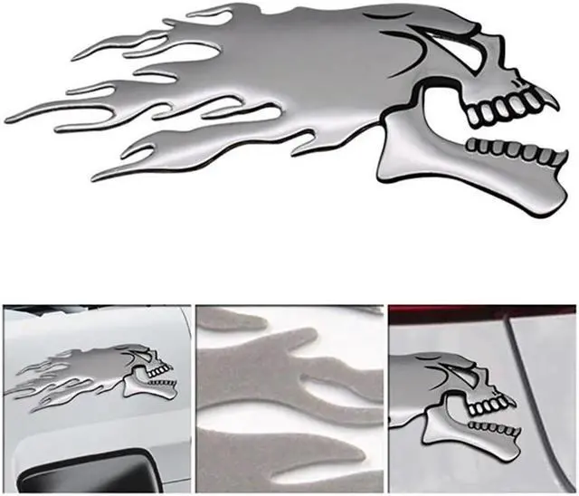 Alt view image 5 of 5 - Yassdwbn 6x14cm Pair Skull Head Flame Style Motorcycle Fuel Gas Tank Fairing Badge Decal