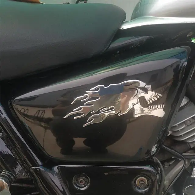 Alt view image 4 of 5 - Yassdwbn 6x14cm Pair Skull Head Flame Style Motorcycle Fuel Gas Tank Fairing Badge Decal