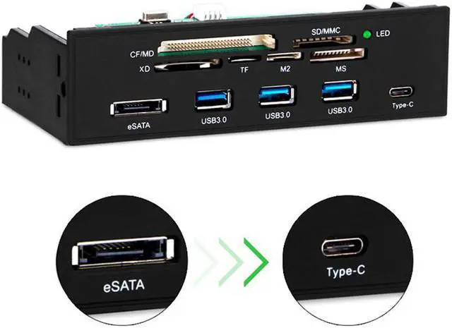 Alt view image 3 of 8 - 5.25" PC Computer Front panel USB 2.0 card reader with 3 ports USB3.0,Type-C, eSATA,MD,SD/MMC,XD,TF,M2,MS,64G CF Reader