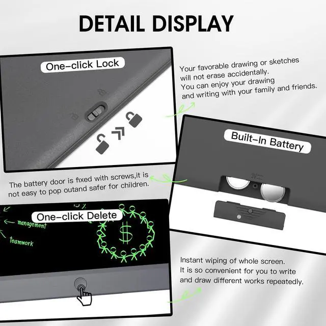 Alt view image 4 of 7 - TUGAU LCD Writing Tablet 15 Inches for Kids Adults, Erasable Large Drawing Tablet Writing Pad Doodle Board, Toddler Educational Doodle Pad Drawing Toy,Business Office Electronic Note Pad with Lock Key