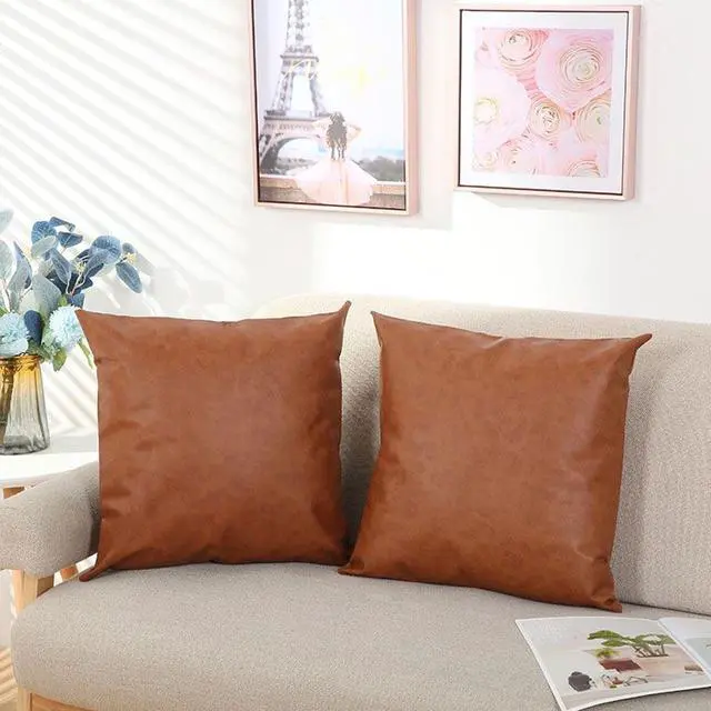 Main image of Vegan Leather Throw Pillow Covers - 2pack- 2x Brown