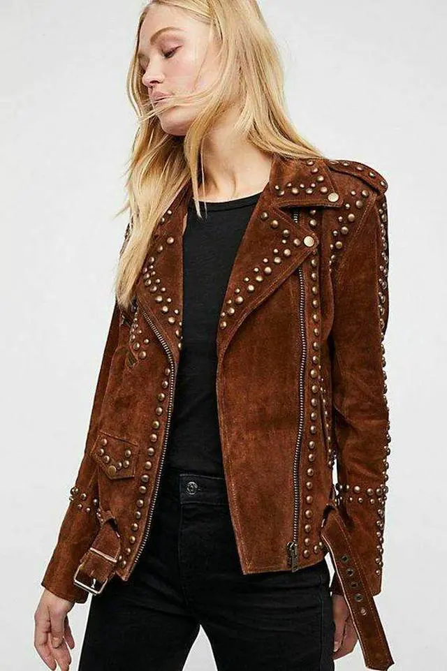 Lambskin Brown Suede Studded Jacket 