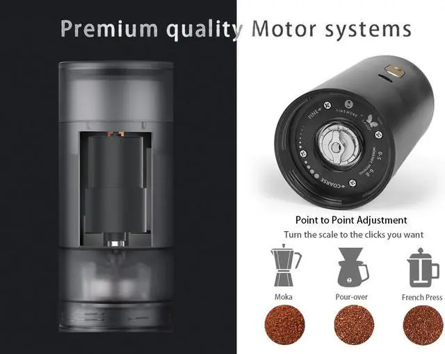 Alt view image 5 of 7 - TIMEMORE Go Portable Electric Coffee Grinder, Adjustable Coarseness, E&B Stainless Steel Conical Burr, 60g Capacity, Compact & Portable for Home Use (Black)