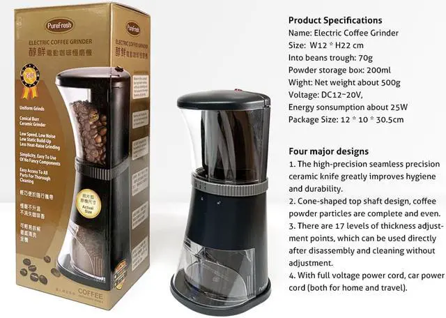 Alt view image 6 of 6 - Purefresh Portable Electric Coffee Grinder, washable Coffee Grinder, 17-Kind Adjustable Coarseness, Precision Ceramic Knife, Taiwan-made (Standard)