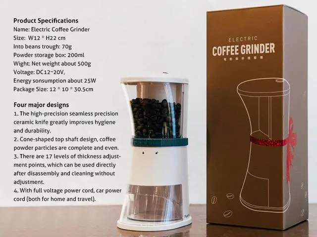Alt view image 6 of 6 - Purefresh Pro Portable Electric Coffee Grinder, washable Coffee Grinder, 17-Kind Adjustable Coarseness, Precision Ceramic Knife, Taiwan-made (Professionals) Pearl White