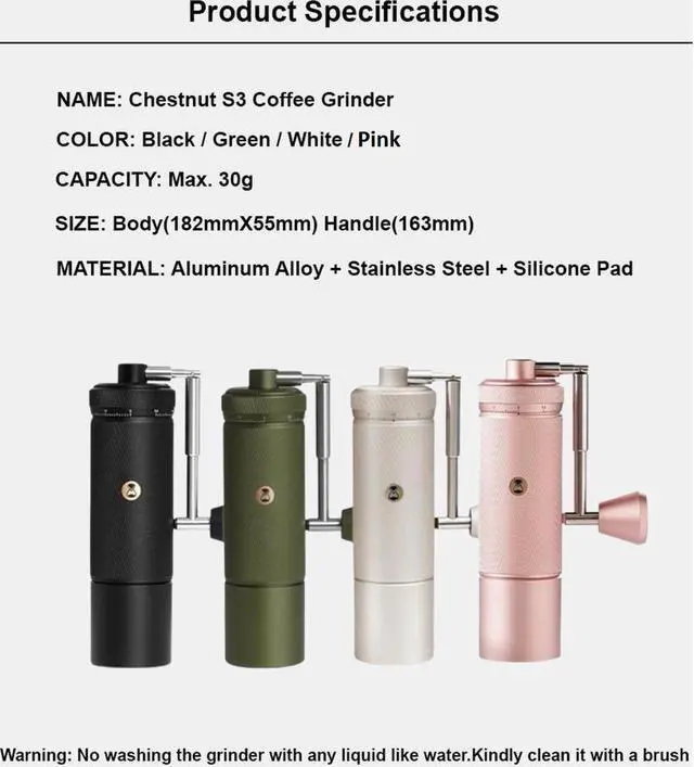 Alt view image 7 of 7 - TIMEMORE Chestnut S3 Manual Coffee Grinder, CNC Stainless Steel, Hand Grinder for Office, Home, Travel, Camping - Portable 30g Capacity (Green)