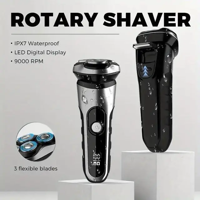 Alt view image 3 of 7 - Lairlux Men's Gift IPX7 Waterproof Electric Rotary Shaver, Full Body Washable Electric Razor, Rechargeable Wet & Dry Shavers With Pop-Up Trimmer, Cordless Portable Razor With LED Display/Travel Lock