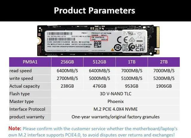 Alt view image 2 of 5 - NEW Samsung PM9A1 2TB PCIe Gen 4 NVME SSD 7000MBs 2023 MODEL Solid State Drive 2280