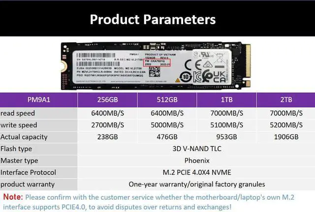Alt view image 2 of 3 - NEW Samsung PM9A1 2TB PCIe Gen 4 NVME SSD 7000MBs 2023 MODEL Solid State Drive 2280