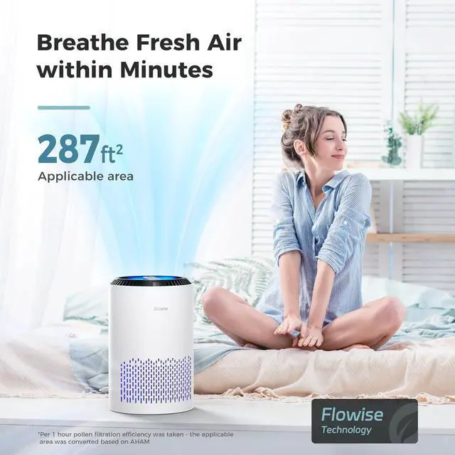 Alt view image 2 of 7 - AROEVE Air Purifiers for Bedroom Home, 3 Layer Filter for Smoke Pollen Allergies Pet Dander Odor, Sleep Mode for Better Sleep, Energy Saving, 3 Speeds, Timer for Office, Dorm, Kitchen, MK01, White