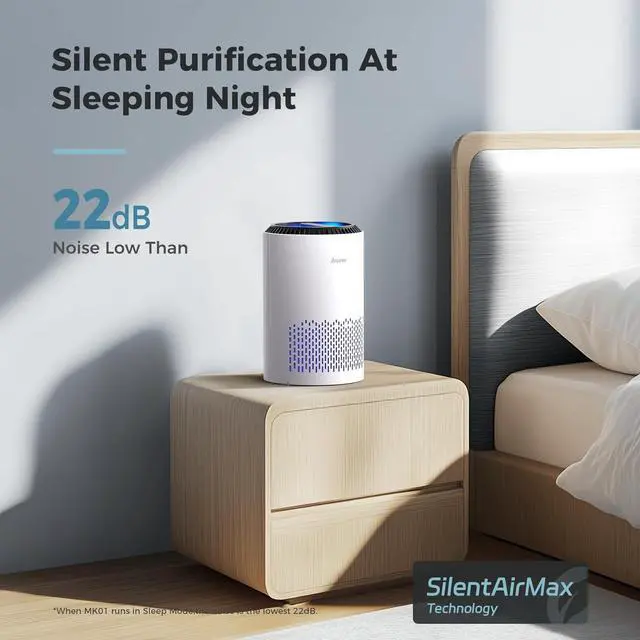 Alt view image 3 of 7 - AROEVE Air Purifiers for Bedroom Home, 3 Layer Filter for Smoke Pollen Allergies Pet Dander Odor, Sleep Mode for Better Sleep, Energy Saving, 3 Speeds, Timer for Office, Dorm, Kitchen, MK01, White