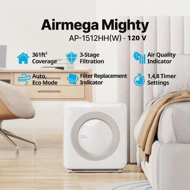 Alt view image 2 of 7 - Coway Airmega AP-1512HH(W) True HEPA Purifier with Air Quality Monitoring, Auto, Timer, Filter Indicator, and Eco Mode, 16.8 x 18.3 x 9.7, White