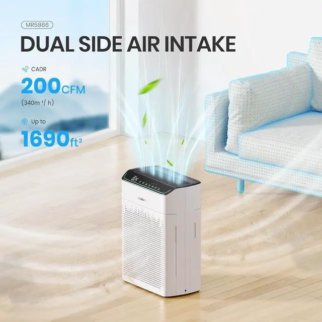Alt view image 2 of 7 - Air Purifiers for Home Large Room Up to 1690 ft² with PM 2.5 Air Quality Monitor, Wi-Fi and Alexa compatible, HEPA Filter Double-sided Air Inlet for Smoke and Odor, 1 Pack+2 Pack Filters White