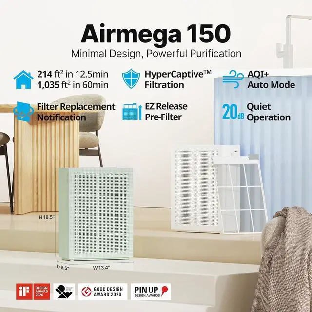 Alt view image 3 of 7 - Air Purifiers for Home Bedroom up to 1,035ft² with Washable Filter, True HEPA Filter for Smoke, Pollen, Dander, Smell Air Purifier with Air Quality Monitor, Auto Mode, 3yr Warranty, 150, Green