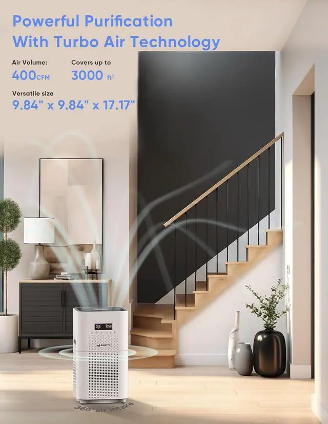 Alt view image 3 of 7 - Air Purifiers for Home Large Room up to 3000 Sq Ft, Upgraded H14 Ture Hepa Air Filter, Air Purifier with Air Quality Monitor, 22dB Sleep Mode