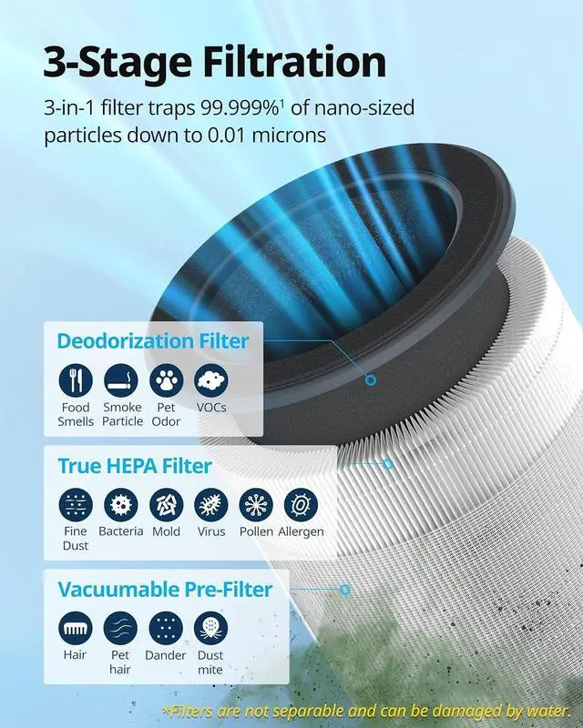 Alt view image 4 of 7 - COWAY Air Purifiers for Bedroom Home up to 810 ft², True HEPA Filter for Smoke, Allergies, Pet Dander, Odor, AQI Monitor, Auto&Sleep Mode, Timer, Filter Indicator, Night Light, 3yr Warranty, 100 Black