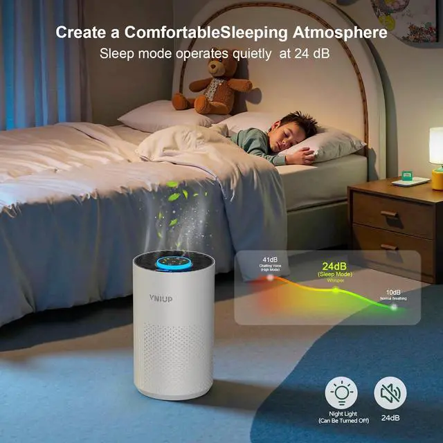 Alt view image 7 of 7 - Air Purifiers for Home Bedroom up to 800 ft², VNIUP H14 True HEPA Air Filter Cleaner for Bedroom with Fragrance Function, Air Quality Sensor Sleep Mode Air Cleaner for Pet Dander Odor Dust Smoke