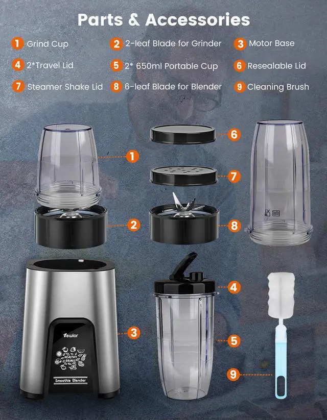 Alt view image 4 of 6 - 1000W Smoothie Blender for Shakes and Smoothies, 2*23oz+10oz Blender Cups with To-Go Lids for Fruit Vegetables, Beans, Nuts, Spices