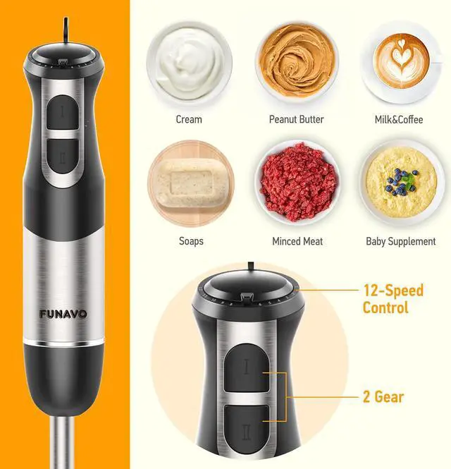 Alt view image 4 of 7 - FUNAVO hand blender, 800W 5-in-1 Immersion Hand Blender,12-Speed Multi-function Stick Blender with 500ml Chopping Bowl, Whisk, 600ml Mixing Beaker, Milk Frother Attachments, BPA-Free