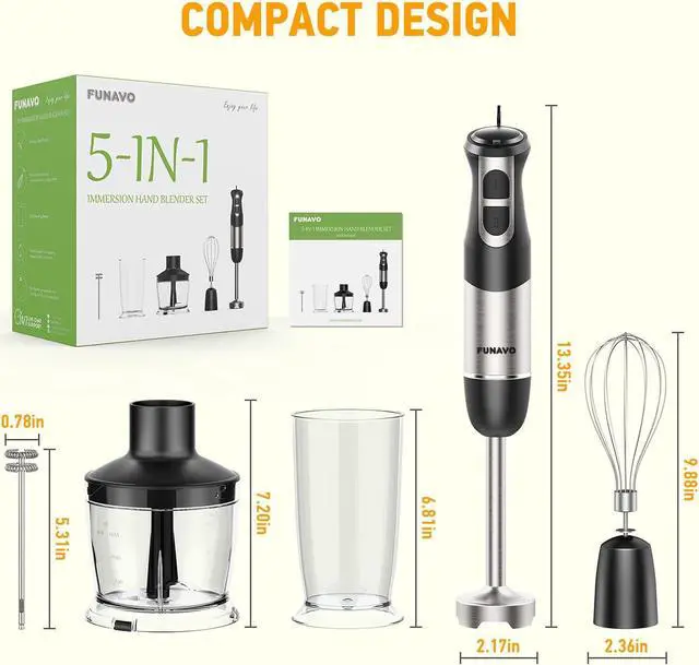 Alt view image 7 of 7 - FUNAVO hand blender, 800W 5-in-1 Immersion Hand Blender,12-Speed Multi-function Stick Blender with 500ml Chopping Bowl, Whisk, 600ml Mixing Beaker, Milk Frother Attachments, BPA-Free