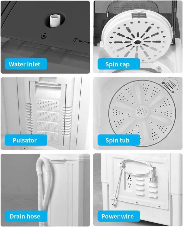 Alt view image 7 of 7 - Twin Tub with Built-in Drain Pump XPB65-2288S 26Lbs Semi-automatic Twin Tube Washing Machine for Apartment, Dorms, RVs, Camping and More, White & Grey