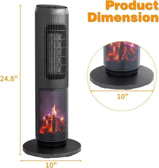 Alt view image 7 of 7 - ZOKOP 25" Tower Space Heater with 3D Flame, 1500W Portable Electric Heater with Thermostat, 60° Oscillation, Timer, Remote Control, for Indoor Bedroom Office Home, Black
