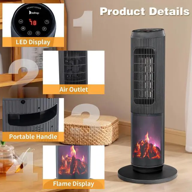 Alt view image 6 of 7 - ZOKOP 25" Tower Space Heater with 3D Flame, 1500W Portable Electric Heater with Thermostat, 60° Oscillation, Timer, Remote Control, for Indoor Bedroom Office Home, Black