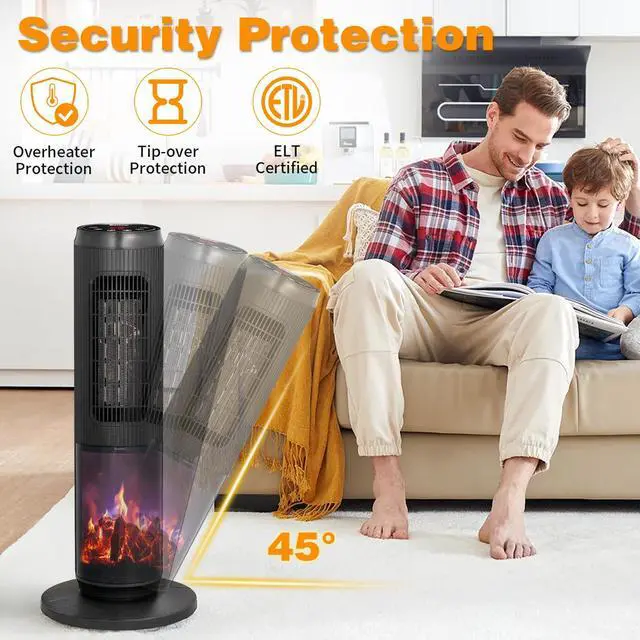 Alt view image 4 of 7 - ZOKOP 25" Tower Space Heater with 3D Flame, 1500W Portable Electric Heater with Thermostat, 60° Oscillation, Timer, Remote Control, for Indoor Bedroom Office Home, Black