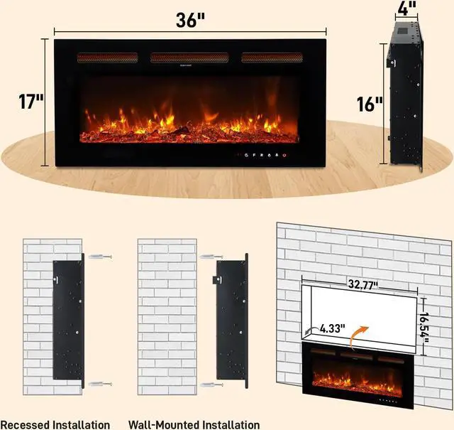 Alt view image 2 of 3 - ZOKOP 36" Smart WiFi Electric Fireplace, 1500W Wall Recessed/Mounted, Freestanding Fireplace Heater with Remote Control, 12 Color Adjustable Flames, 8H Timer, 5 Brightness Settings