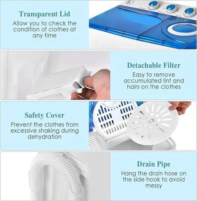 Alt view image 6 of 6 - Twin Tub with Built-in Drain Pump 26Lbs Semi-automatic Twin Tube Washing Machine for Apartment, Dorms, RVs, Camping and More, White&Blue
