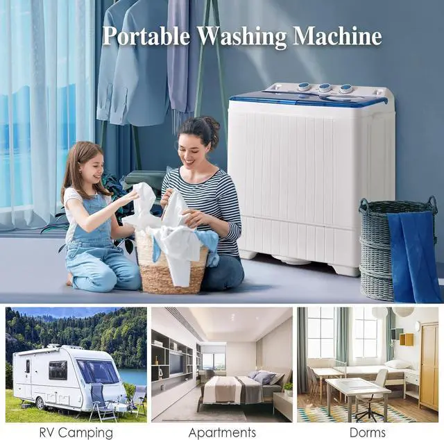 Alt view image 3 of 6 - Twin Tub with Built-in Drain Pump 26Lbs Semi-automatic Twin Tube Washing Machine for Apartment, Dorms, RVs, Camping and More, White&Blue