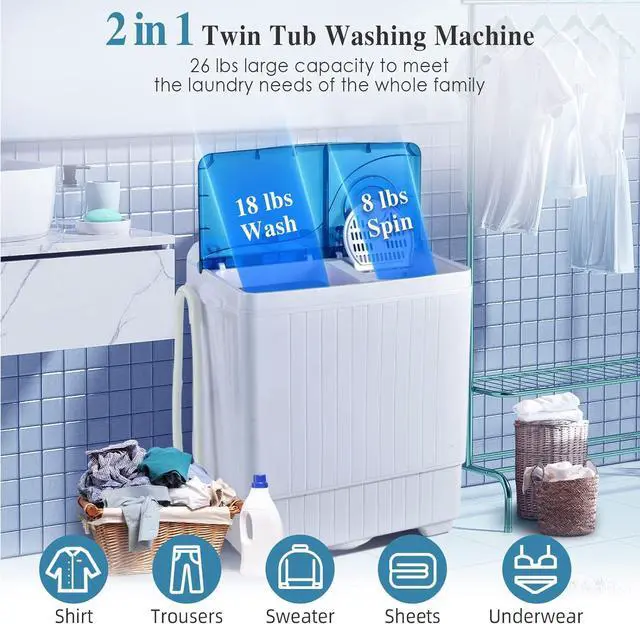 Alt view image 2 of 6 - Twin Tub with Built-in Drain Pump 26Lbs Semi-automatic Twin Tube Washing Machine for Apartment, Dorms, RVs, Camping and More, White&Blue