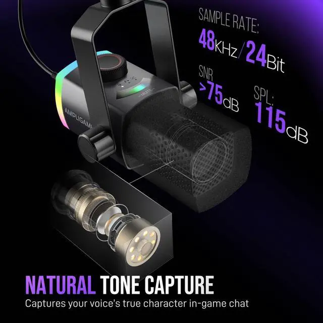 Alt view image 2 of 7 - Gaming Microphone Kit, XLR/USB Dynamic PC Microphone with Boom Arm for Podcast Recording, RGB Streaming Mic Set, Tap-to-Mute, Mix Control, Headphone Jack-AmpliGame AM8PROT