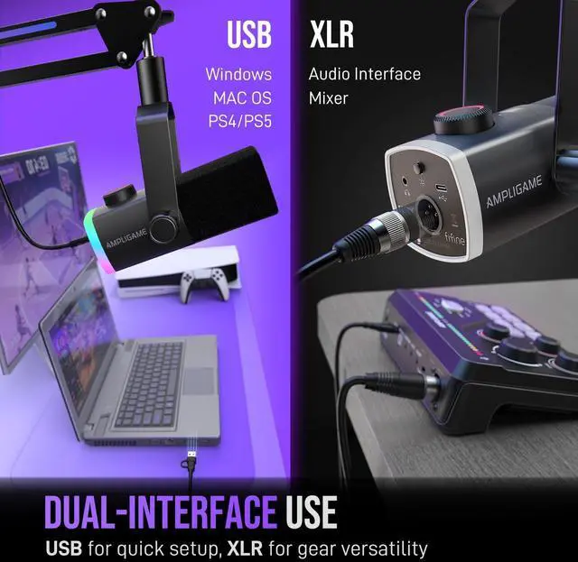 Alt view image 3 of 7 - Gaming Microphone Kit, XLR/USB Dynamic PC Microphone with Boom Arm for Podcast Recording, RGB Streaming Mic Set, Tap-to-Mute, Mix Control, Headphone Jack-AmpliGame AM8PROT