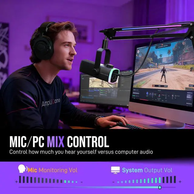 Alt view image 5 of 7 - Gaming Microphone Kit, XLR/USB Dynamic PC Microphone with Boom Arm for Podcast Recording, RGB Streaming Mic Set, Tap-to-Mute, Mix Control, Headphone Jack-AmpliGame AM8PROT