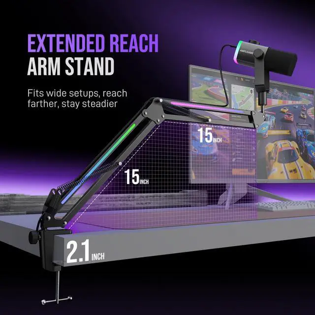 Alt view image 7 of 7 - Gaming Microphone Kit, XLR/USB Dynamic PC Microphone with Boom Arm for Podcast Recording, RGB Streaming Mic Set, Tap-to-Mute, Mix Control, Headphone Jack-AmpliGame AM8PROT