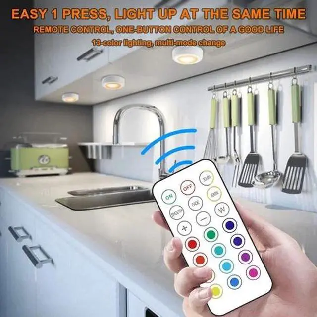 Alt view image 2 of 7 - 13-Color LED Puck Lights with Remote Control | Wireless Battery-Powered Stick...