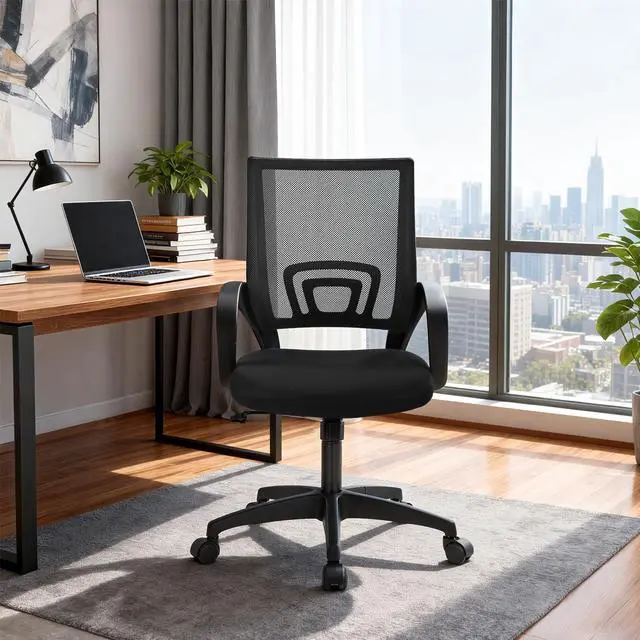 Alt view image 2 of 3 - BestOffice | Ergonomic Office Chair | Mid-Back Swivel Desk Chair | Breathable Backrest & Lumbar Support | Adjustable Height | Sponge Seat | Rolling Wheels | Dark Black | for Adults & Women