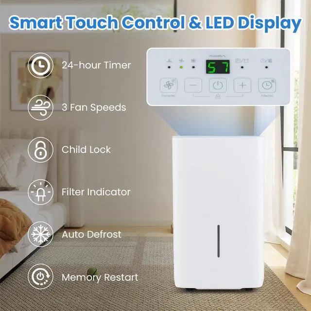 Alt view image 5 of 7 - ARLIME 150 Pints Dehumidifier with Pump, 7000 Sq.Ft Dehumidifier w/24H Timer, LED Display, Child Lock,2 Drain Hoses & Auto Defrost for Basement Garage Home Office (150 Pints)