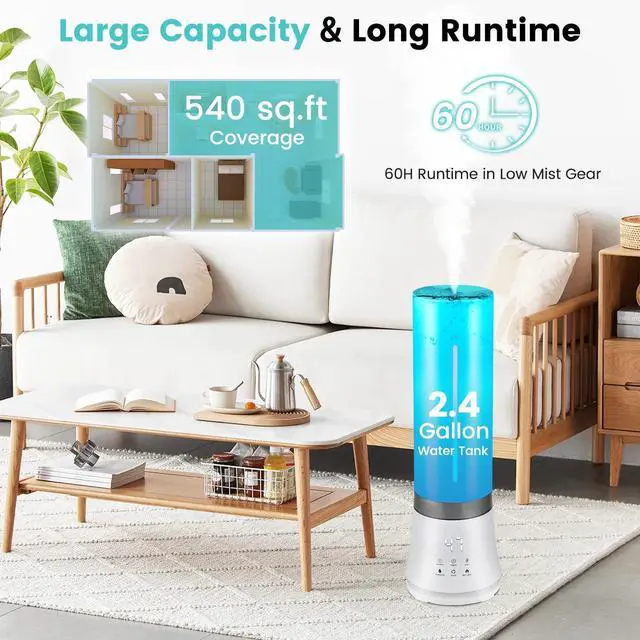 Alt view image 5 of 7 - ARLIME Humidifier for Bedroom, 2.4 Gallon, Auto Shut-off, 3 Mist Levels, 12 Timer, Night Light, Top Fill Warm & Cool Mist Humidifier for Home Office, Dorm, RV