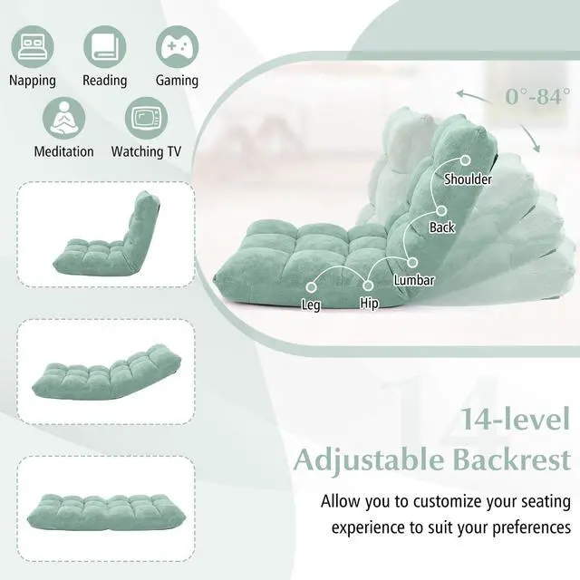 Alt view image 2 of 7 - ARLIME Adjustable Floor Chair, 14-Position Lazy Sofa Chair with Back Support & Thick Padding, Portable Foldable Floor Couch for Adults, Kids, Use in Bedroom, Living Room, Home Theater (Green)