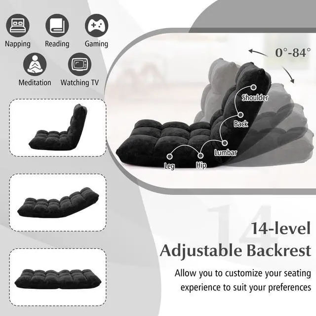 Alt view image 2 of 6 - ARLIME Adjustable Floor Chair, 14-Position Lazy Sofa Chair with Back Support & Thick Padding, Portable Foldable Floor Couch for Adults, Kids, Use in Bedroom, Living Room, Home Theater (Black)