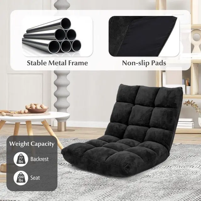 Alt view image 4 of 6 - ARLIME Adjustable Floor Chair, 14-Position Lazy Sofa Chair with Back Support & Thick Padding, Portable Foldable Floor Couch for Adults, Kids, Use in Bedroom, Living Room, Home Theater (Black)